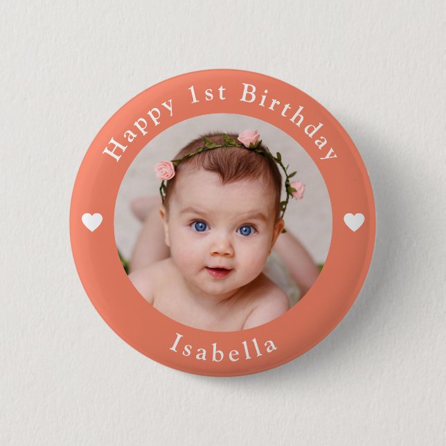 Personalized Name, Age And Photo Birthday Peach Button (Front)