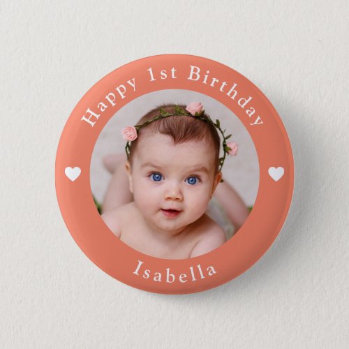 Personalized Name Age And Photo Birthday Peach Button