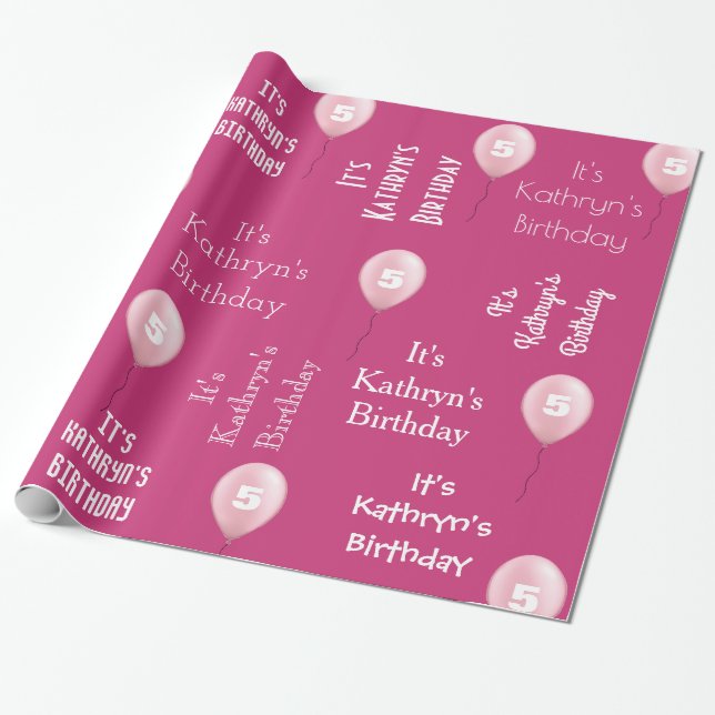 Personalized Name & Age Birthday Pink Wrapping Paper (Unrolled)