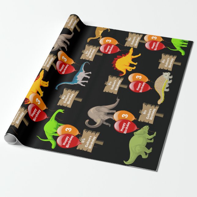 Personalized Name & Age Dinosaur Birthday Wrapping Paper (Unrolled)