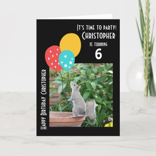 Personalized nameage squirrel w balloons card