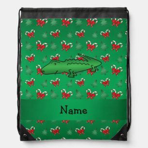 Personalized name alligator green candy canes bows drawstring bag