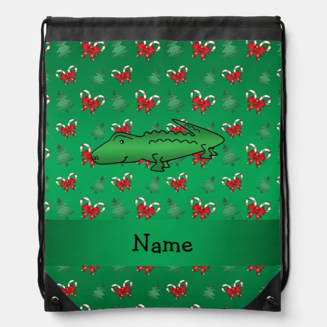 Personalized name alligator green candy canes bows drawstring bag (Front)