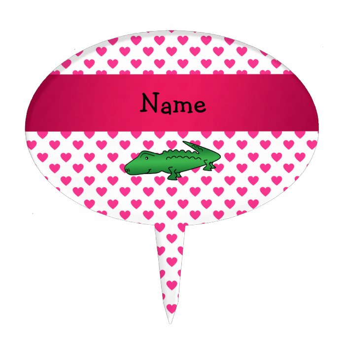 Personalized name alligator pink hearts polka dots cake picks