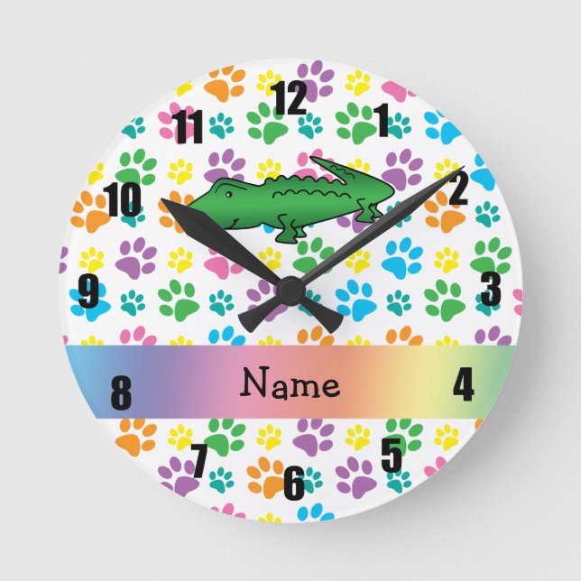 Personalized name alligator rainbow paws round clock (Front)