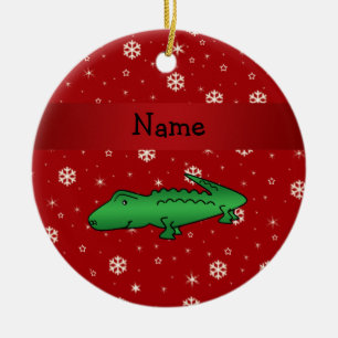 Personalized name alligator red snowflakes ceramic ornament