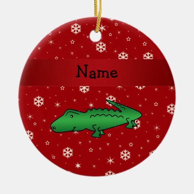 Personalized name alligator red snowflakes ceramic ornament (Front)