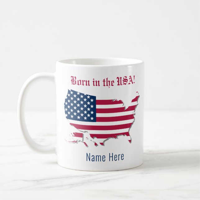 Personalized Name America Flag Map Born in the USA Coffee Mug (Left)