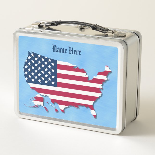 Personalized Name American Flag Map Sea Blue Metal Lunch Box (Back)