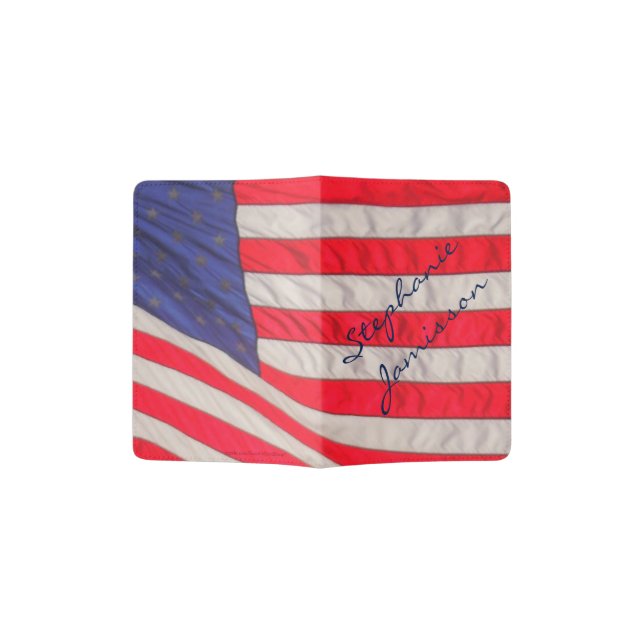 Personalized Name American Flag Red White Blue Passport Holder (Opened)