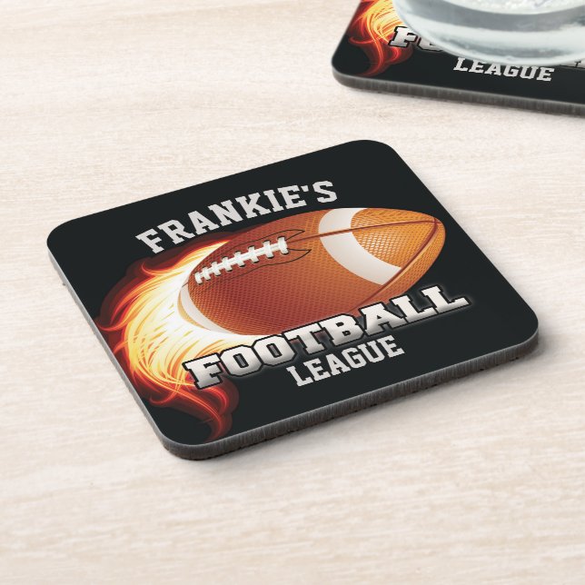 Personalized NAME American Football Flames Sports Beverage Coaster (Left Side)
