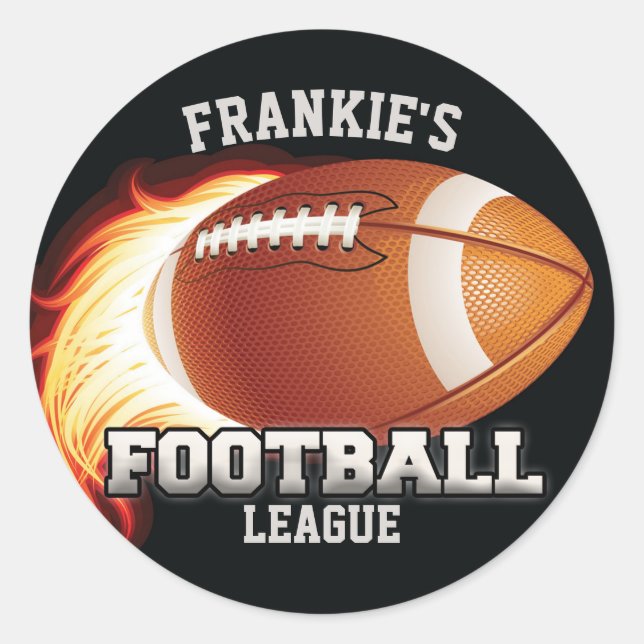 Personalized NAME American Football Flames Sports Classic Round Sticker (Front)