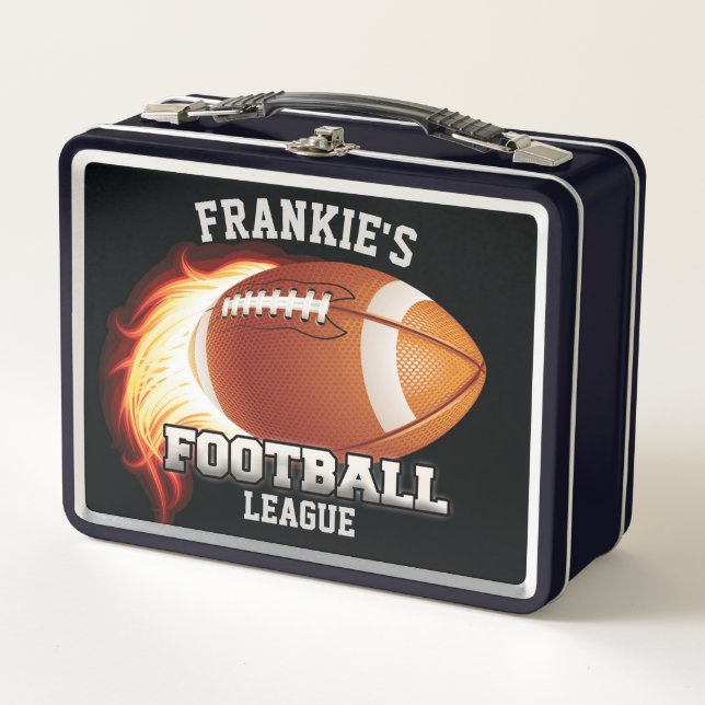 Personalized NAME American Football Flames Sports Metal Lunch Box (Front)