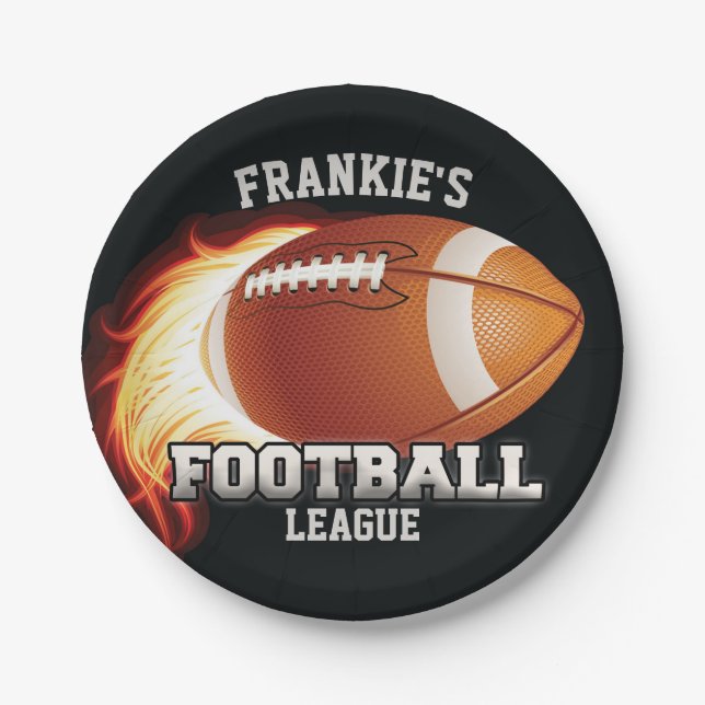Personalized NAME American Football Flames Sports Paper Plates (Front)