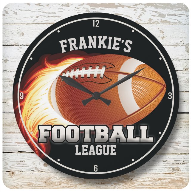 Personalized NAME American Football Flames Sports Round Clock (Creator Uploaded)