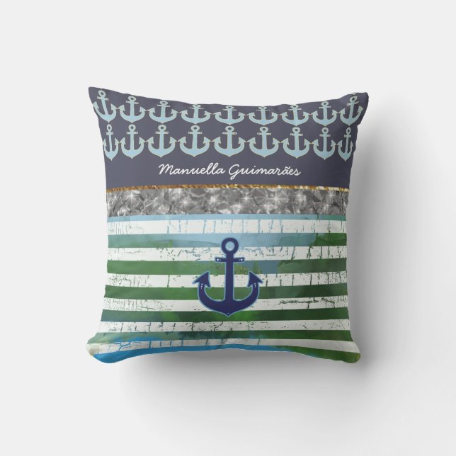 personalized / name / anchor / blue striped outdoor pillow (Front)