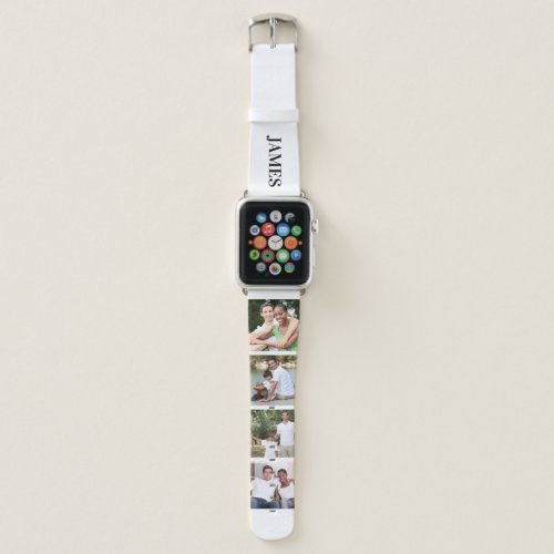 Personalized Name and 4 Photo Collage Black White Apple Watch Band