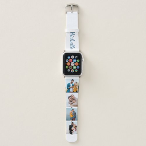 Personalized Name and 4 Photo Collage Blue Apple Watch Band