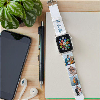 Personalized Name And 4 Photo Collage Blue Apple Watch Band by darlingandmay at Zazzle