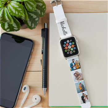 Personalized Name And 4 Photo Collage White Apple Watch Band by darlingandmay at Zazzle