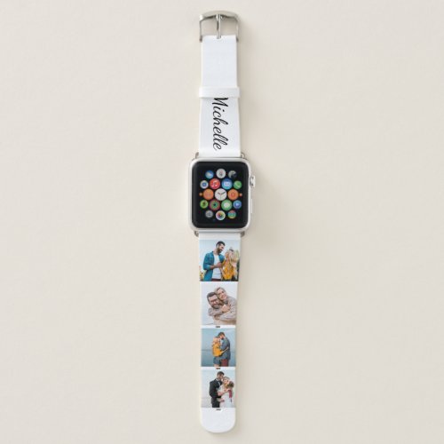 Personalized Name and 4 Photo Collage White Apple Watch Band