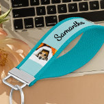 Personalized Name and 6 Photo | Aqua Wrist Keychain<br><div class="desc">Personalized wrist keychain in aqua. The photo template is set up for you to add 6 of your favorite photos, which are displayed in square / instagram and vertical portrait formats. Your name is lettered in neat script typography on one side. Your pictures display upright on each side, when the...</div>