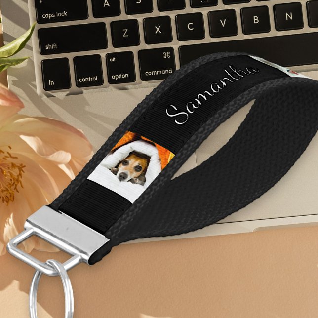 Personalized Name and 6 Photo | Black and White Wrist Keychain (Creator Uploaded)