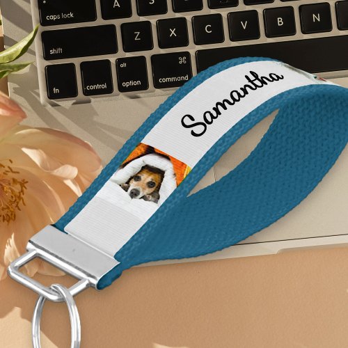 Personalized Name and 6 Photo  Blue and Grey Wrist Keychain