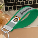 Personalized Name and 6 Photo | Green and Grey Wrist Keychain<br><div class="desc">Personalized wrist keychain in green and grey. The photo template is set up for you to add 6 of your favorite photos, which are displayed in square / instagram and vertical portrait formats. Your name is lettered in neat script typography on one side. Your pictures display upright on each side,...</div>