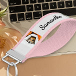 Personalized Name and 6 Photo | Pink Silver Grey Wrist Keychain<br><div class="desc">Personalized wrist keychain in pink and silver grey. The photo template is set up for you to add 6 of your favorite photos, which are displayed in square / instagram and vertical portrait formats. Your name is lettered in neat script typography on one side. Your pictures display upright on each...</div>