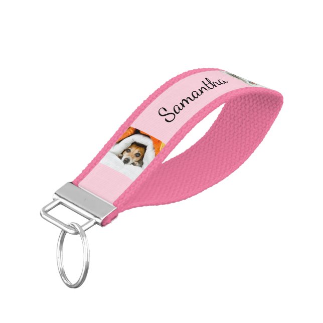 Personalized Name and 6 Photo | Pink Wrist Keychain (Angled Down)