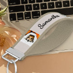 Personalized Name and 6 Photo | Stone and Tan Wrist Keychain<br><div class="desc">Personalized wrist keychain in stone and tan. The photo template is set up for you to add 6 of your favorite photos, which are displayed in square / instagram and vertical portrait formats. Your name is lettered in neat script typography on one side. Your pictures display upright on each side,...</div>