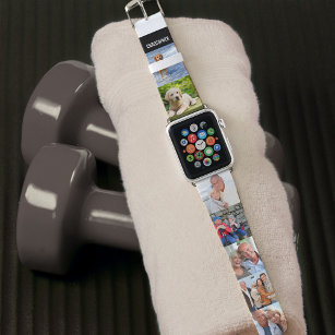 Personalized Name and 7 Square Photos on Black Apple Watch Band