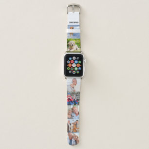 Personalized Name and 7 Square Photos on White Apple Watch Band