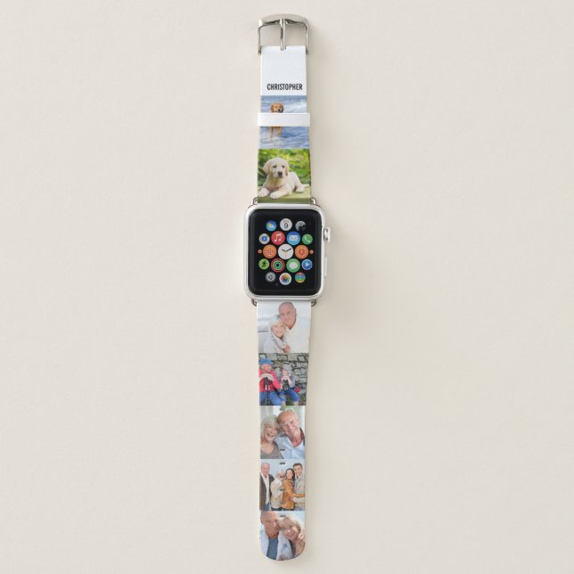 Personalized Name and 7 Square Photos on White Apple Watch Band (Front)