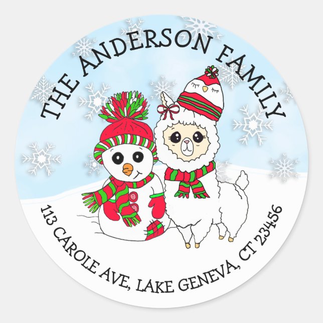 Personalized Name and Address Llama and Snowman Classic Round Sticker (Front)