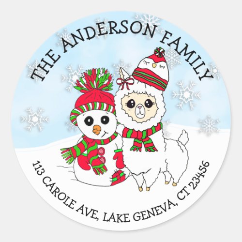 Personalized Name and Address Llama and Snowman Classic Round Sticker