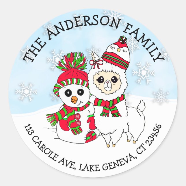 Personalized Name and Address Llama and Snowman Classic Round Sticker (Front)