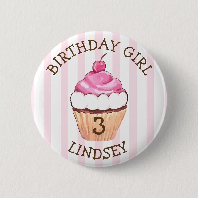 Personalized Name and Age Birthday Girl Cupcake Button (Front)