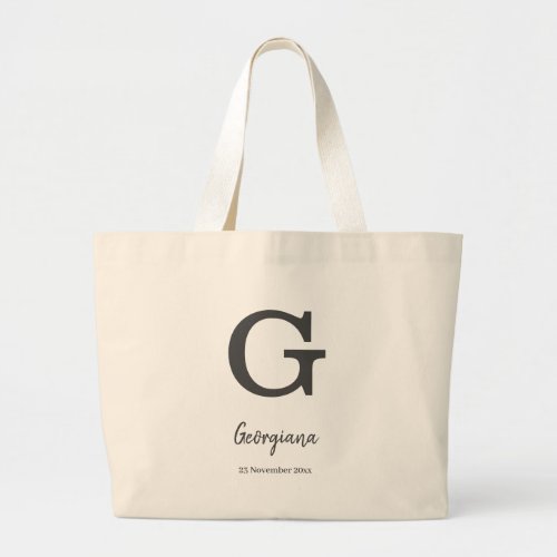 Personalized name and date monogram letter âœG Large Tote Bag