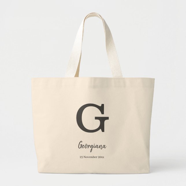 Personalized name and date monogram letter “G" Large Tote Bag (Front)