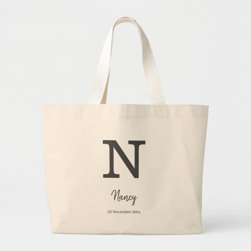 Personalized name and date monogram letter N Large Tote Bag
