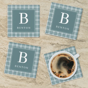 Personalized Name and Initial Blue Plaid Coaster Set