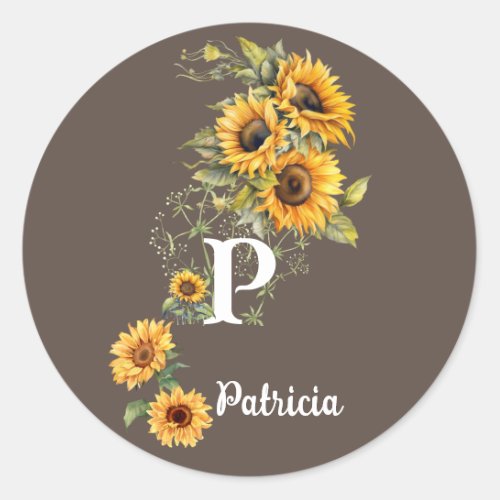 Personalized Name and Initial Sunflowers Yellow Classic Round Sticker