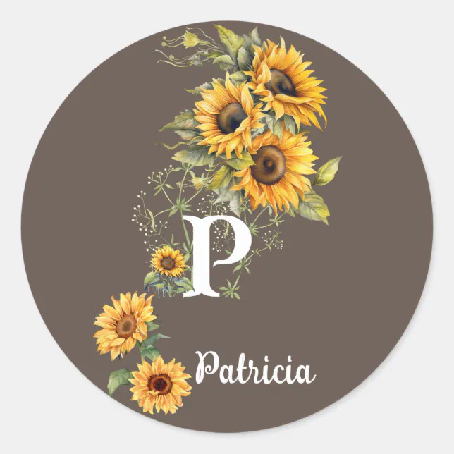 Personalized Name and Initial Sunflowers Yellow Classic Round Sticker ...