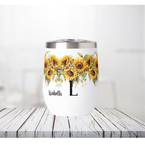 Personalized Name and Initial Sunflowers Yellow Thermal Wine Tumbler