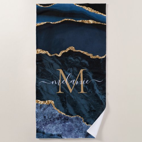 Personalized Name and Letter Navy Blue Gold Marble Beach Towel