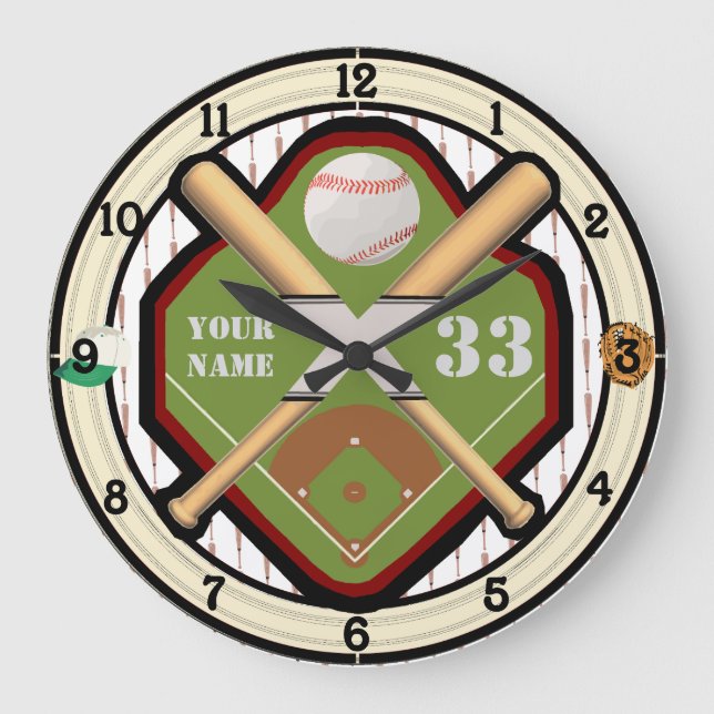Personalized Name and Number Baseball Field Large Clock (Front)