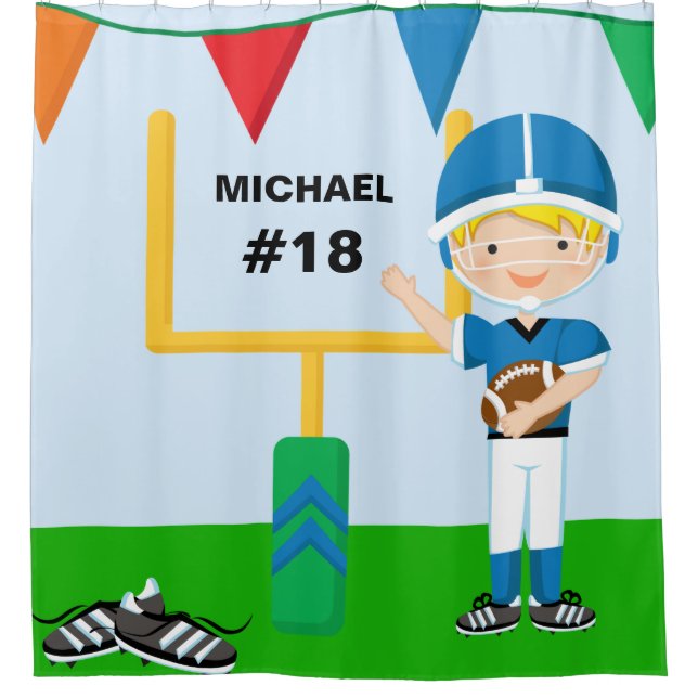 Personalized Name and Number Blue Football Player Shower Curtain (Front)