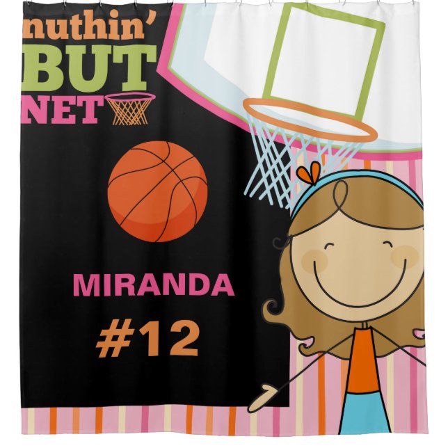 Personalized Name and Number Girls Basketball Shower Curtain (Front)